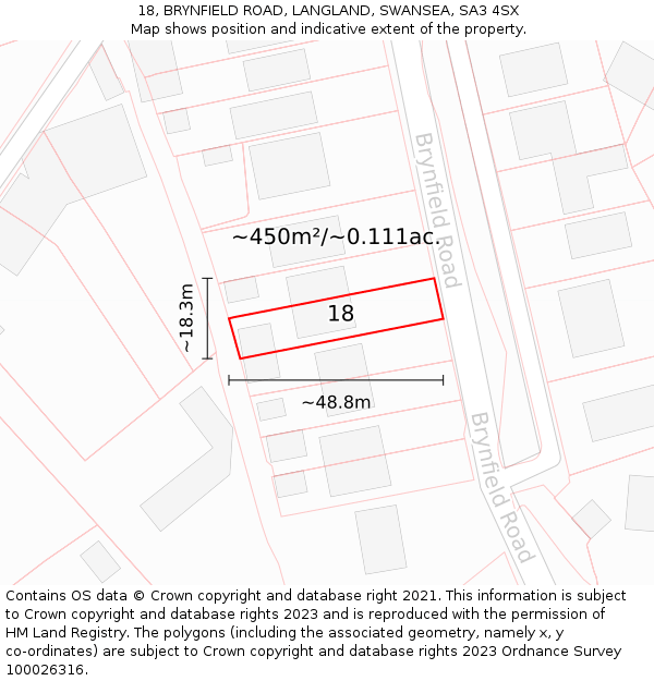 18, BRYNFIELD ROAD, LANGLAND, SWANSEA, SA3 4SX: Plot and title map