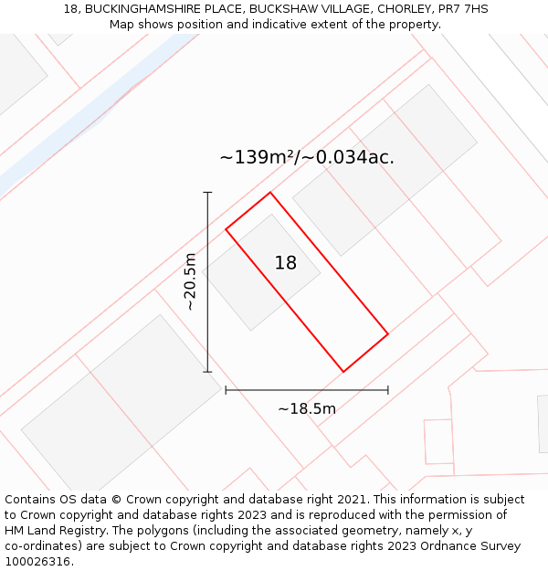 18, BUCKINGHAMSHIRE PLACE, BUCKSHAW VILLAGE, CHORLEY, PR7 7HS: Plot and title map