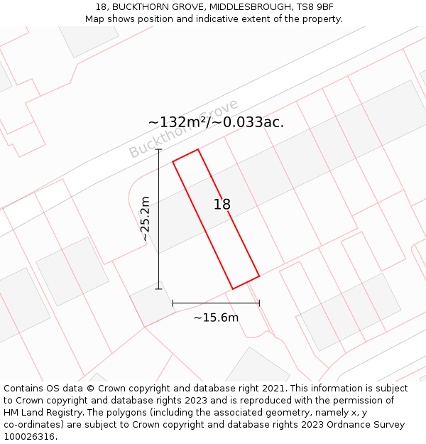 18, BUCKTHORN GROVE, MIDDLESBROUGH, TS8 9BF: Plot and title map
