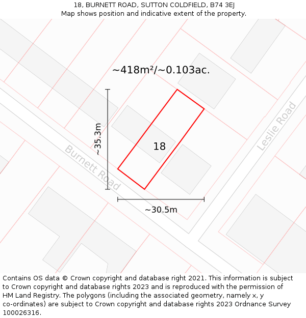 18, BURNETT ROAD, SUTTON COLDFIELD, B74 3EJ: Plot and title map