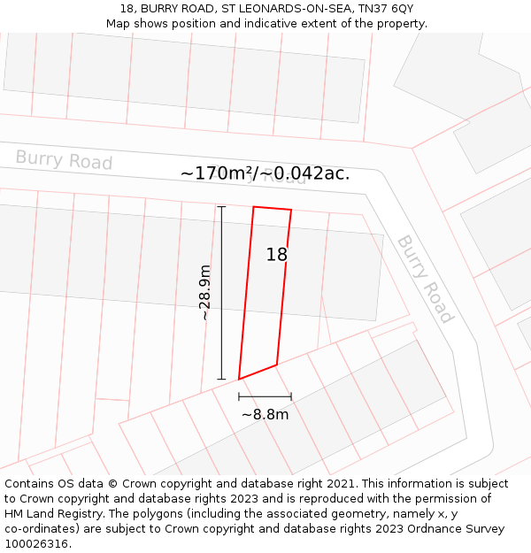 18, BURRY ROAD, ST LEONARDS-ON-SEA, TN37 6QY: Plot and title map