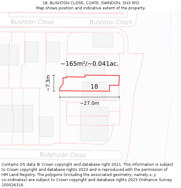 18, BUSHTON CLOSE, COATE, SWINDON, SN3 6FD: Plot and title map