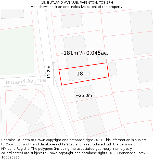18, BUTLAND AVENUE, PAIGNTON, TQ3 2RH: Plot and title map