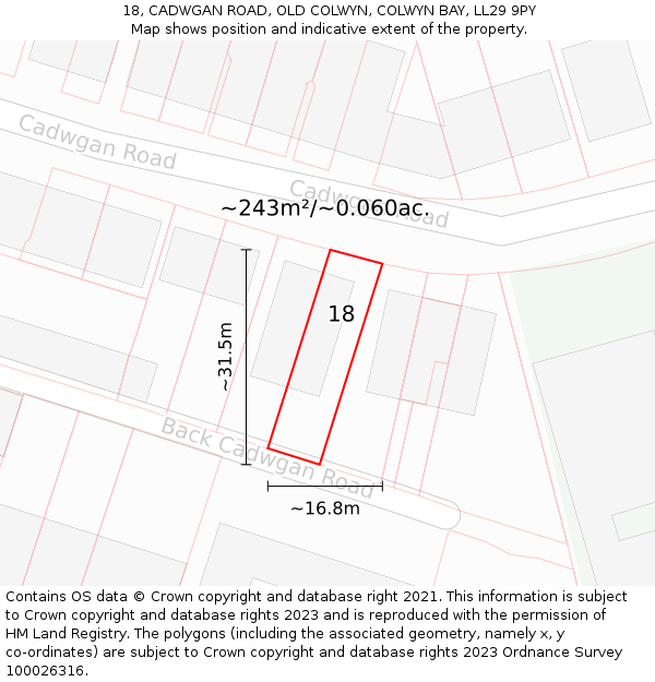 18, CADWGAN ROAD, OLD COLWYN, COLWYN BAY, LL29 9PY: Plot and title map