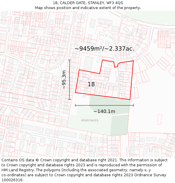 18, CALDER GATE, STANLEY, WF3 4QS: Plot and title map