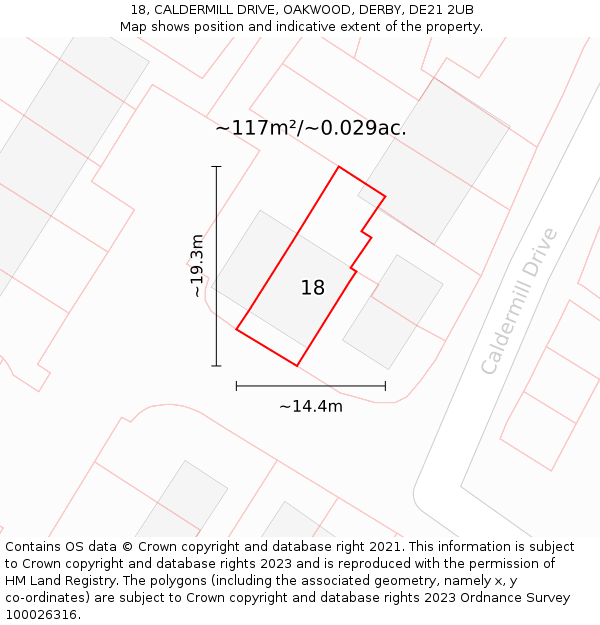 18, CALDERMILL DRIVE, OAKWOOD, DERBY, DE21 2UB: Plot and title map