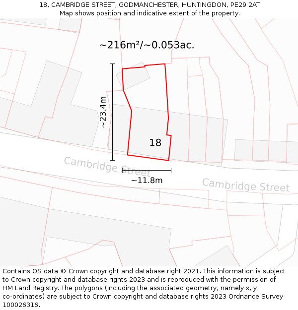 18, CAMBRIDGE STREET, GODMANCHESTER, HUNTINGDON, PE29 2AT: Plot and title map