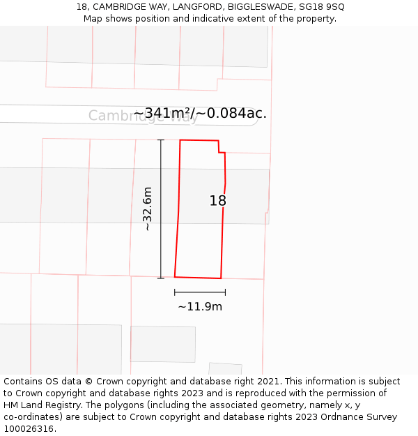 18, CAMBRIDGE WAY, LANGFORD, BIGGLESWADE, SG18 9SQ: Plot and title map