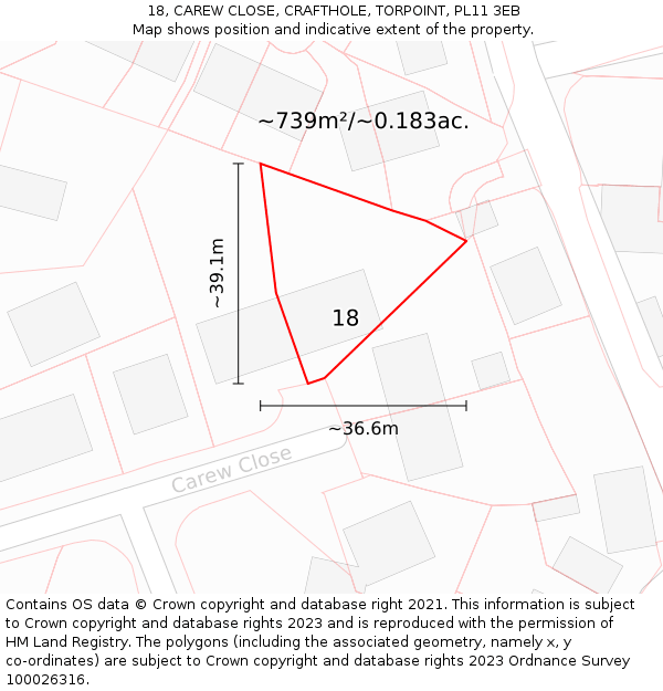 18, CAREW CLOSE, CRAFTHOLE, TORPOINT, PL11 3EB: Plot and title map