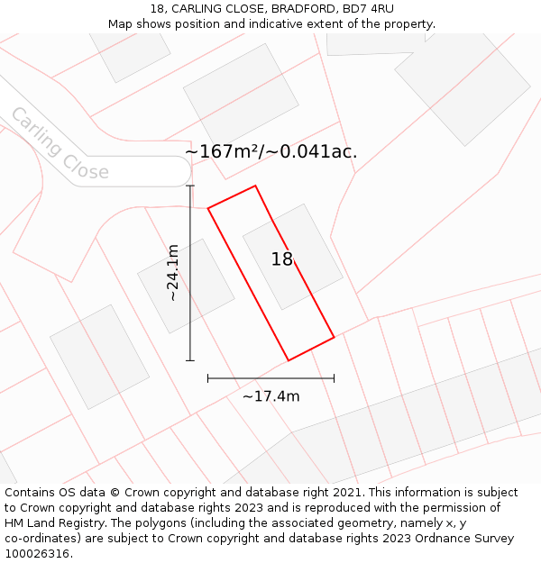18, CARLING CLOSE, BRADFORD, BD7 4RU: Plot and title map