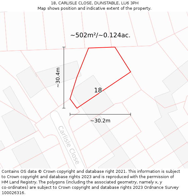 18, CARLISLE CLOSE, DUNSTABLE, LU6 3PH: Plot and title map