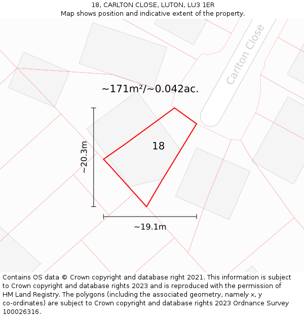 18, CARLTON CLOSE, LUTON, LU3 1ER: Plot and title map