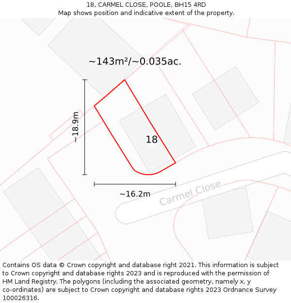 18, CARMEL CLOSE, POOLE, BH15 4RD: Plot and title map