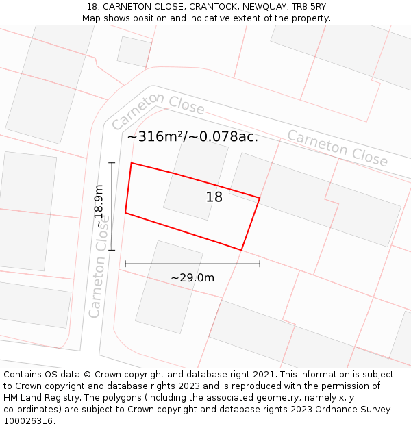 18, CARNETON CLOSE, CRANTOCK, NEWQUAY, TR8 5RY: Plot and title map