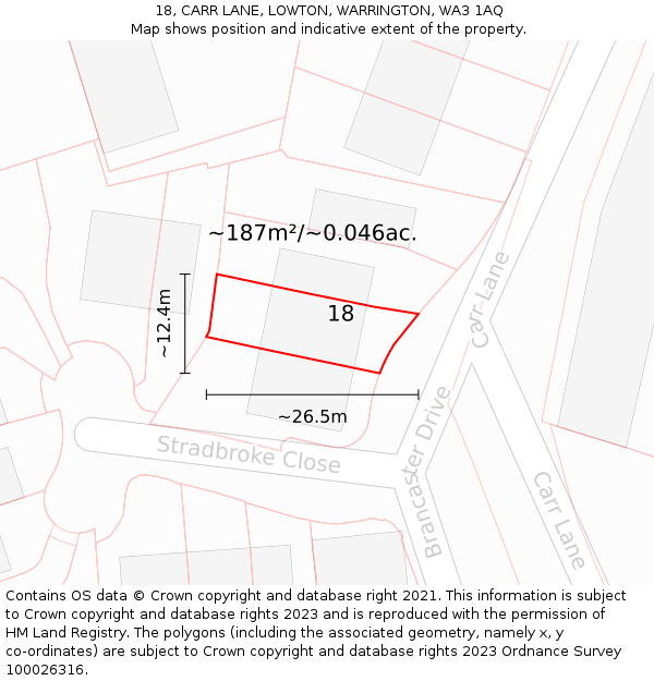 18, CARR LANE, LOWTON, WARRINGTON, WA3 1AQ: Plot and title map
