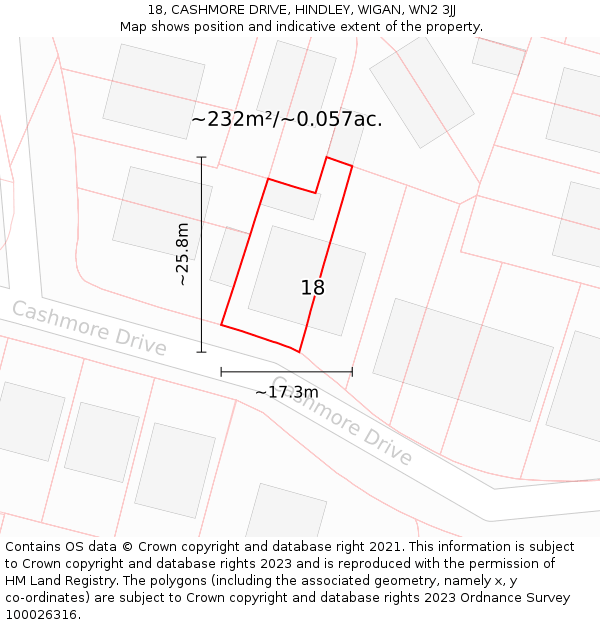 18, CASHMORE DRIVE, HINDLEY, WIGAN, WN2 3JJ: Plot and title map