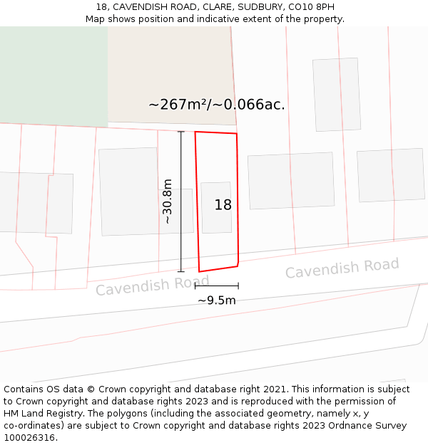 18, CAVENDISH ROAD, CLARE, SUDBURY, CO10 8PH: Plot and title map