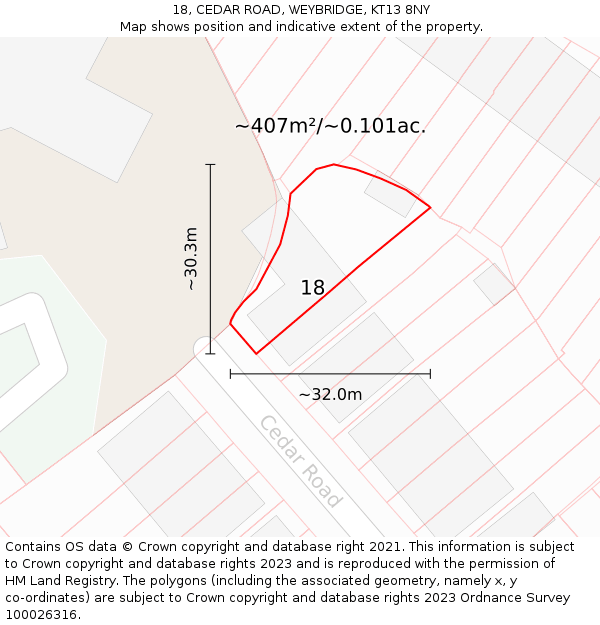 18, CEDAR ROAD, WEYBRIDGE, KT13 8NY: Plot and title map