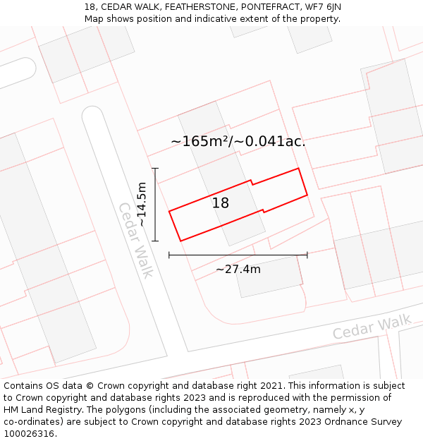 18, CEDAR WALK, FEATHERSTONE, PONTEFRACT, WF7 6JN: Plot and title map