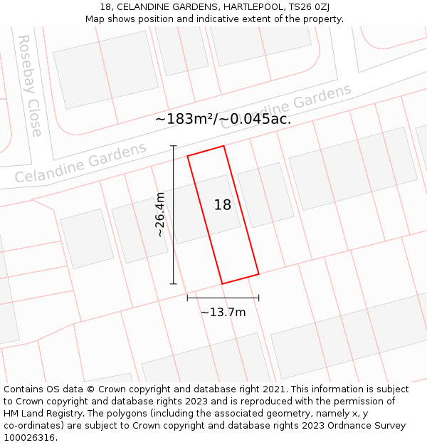 18, CELANDINE GARDENS, HARTLEPOOL, TS26 0ZJ: Plot and title map