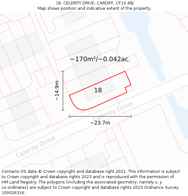 18, CELERITY DRIVE, CARDIFF, CF10 4BJ: Plot and title map