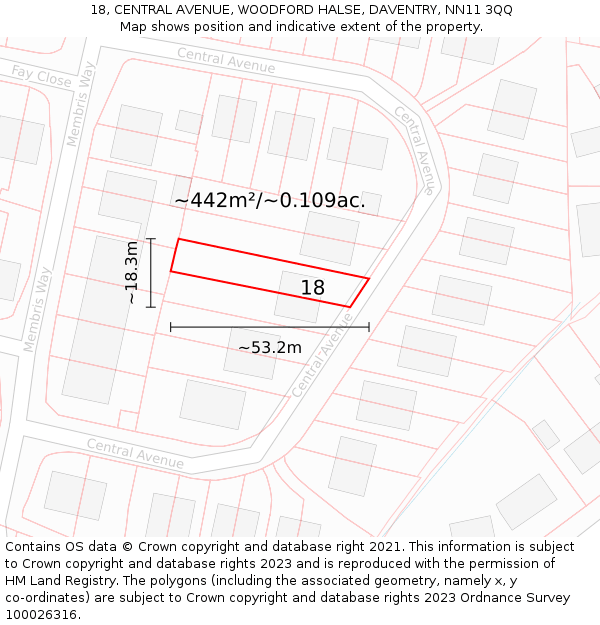 18, CENTRAL AVENUE, WOODFORD HALSE, DAVENTRY, NN11 3QQ: Plot and title map