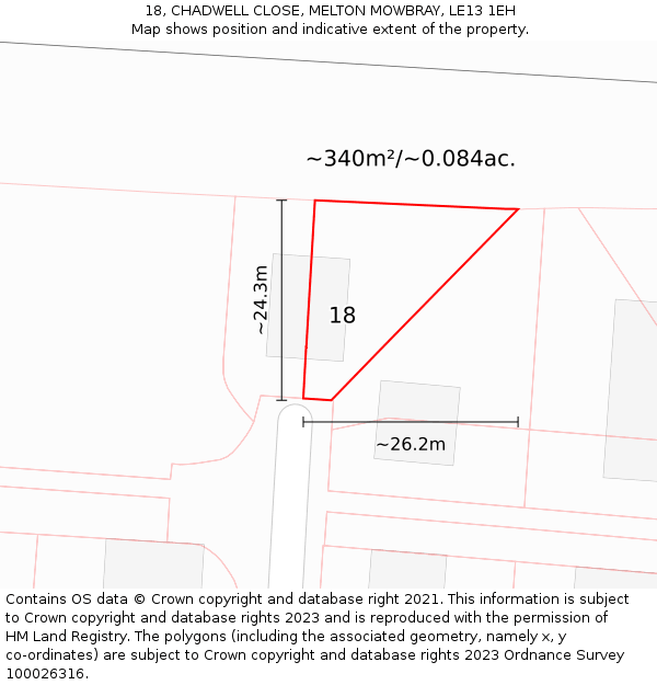 18, CHADWELL CLOSE, MELTON MOWBRAY, LE13 1EH: Plot and title map