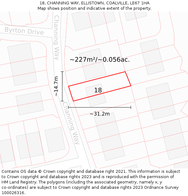 18, CHANNING WAY, ELLISTOWN, COALVILLE, LE67 1HA: Plot and title map