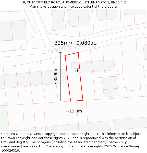 18, CHANTRYFIELD ROAD, ANGMERING, LITTLEHAMPTON, BN16 4LZ: Plot and title map