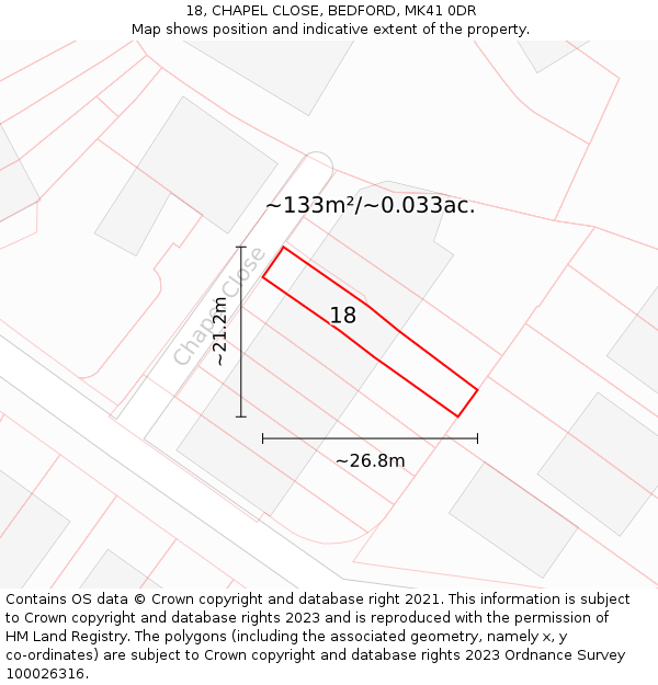 18, CHAPEL CLOSE, BEDFORD, MK41 0DR: Plot and title map