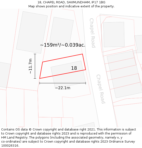 18, CHAPEL ROAD, SAXMUNDHAM, IP17 1BG: Plot and title map