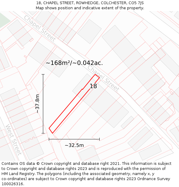 18, CHAPEL STREET, ROWHEDGE, COLCHESTER, CO5 7JS: Plot and title map