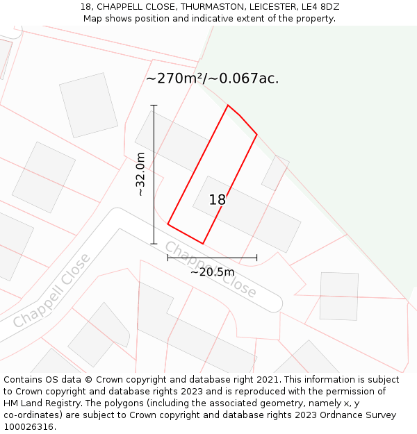 18, CHAPPELL CLOSE, THURMASTON, LEICESTER, LE4 8DZ: Plot and title map