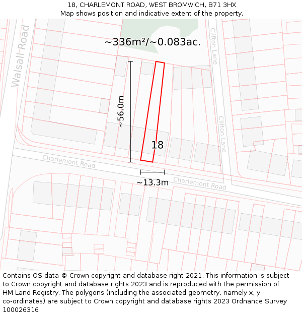 18, CHARLEMONT ROAD, WEST BROMWICH, B71 3HX: Plot and title map