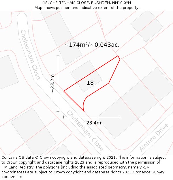 18, CHELTENHAM CLOSE, RUSHDEN, NN10 0YN: Plot and title map