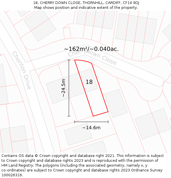 18, CHERRY DOWN CLOSE, THORNHILL, CARDIFF, CF14 9DJ: Plot and title map