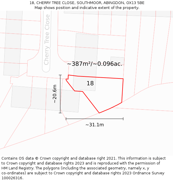 18, CHERRY TREE CLOSE, SOUTHMOOR, ABINGDON, OX13 5BE: Plot and title map