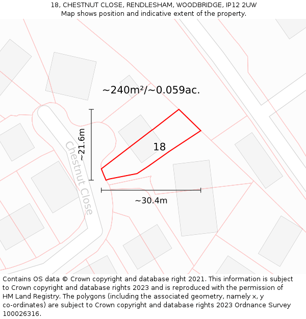 18, CHESTNUT CLOSE, RENDLESHAM, WOODBRIDGE, IP12 2UW: Plot and title map