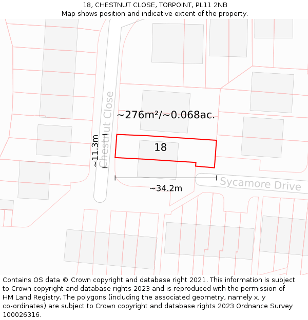 18, CHESTNUT CLOSE, TORPOINT, PL11 2NB: Plot and title map