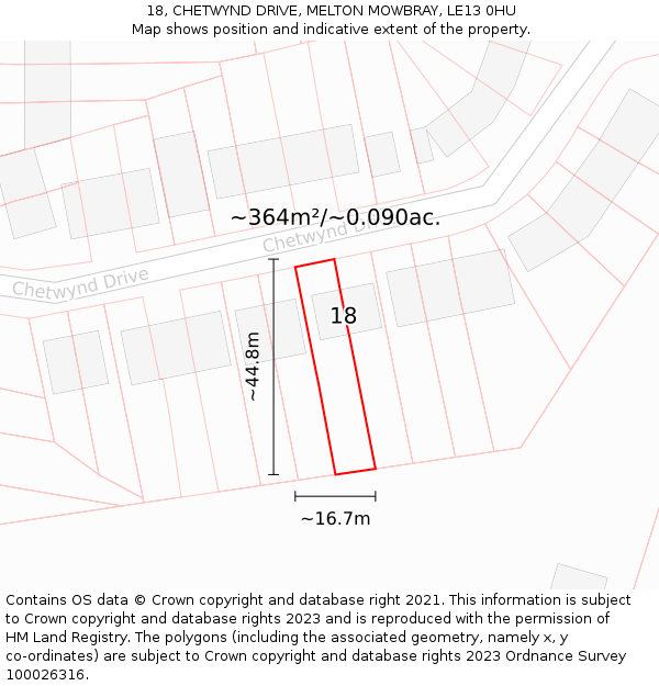18, CHETWYND DRIVE, MELTON MOWBRAY, LE13 0HU: Plot and title map