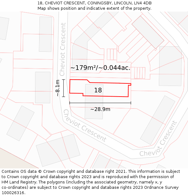 18, CHEVIOT CRESCENT, CONINGSBY, LINCOLN, LN4 4DB: Plot and title map