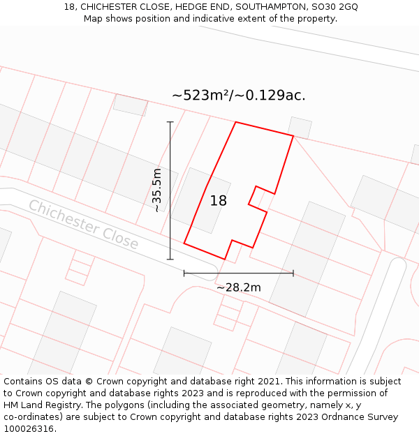 18, CHICHESTER CLOSE, HEDGE END, SOUTHAMPTON, SO30 2GQ: Plot and title map