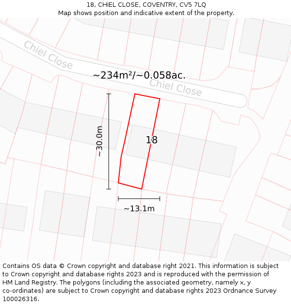 18, CHIEL CLOSE, COVENTRY, CV5 7LQ: Plot and title map