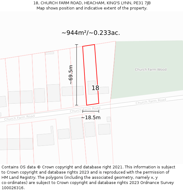 18, CHURCH FARM ROAD, HEACHAM, KING'S LYNN, PE31 7JB: Plot and title map