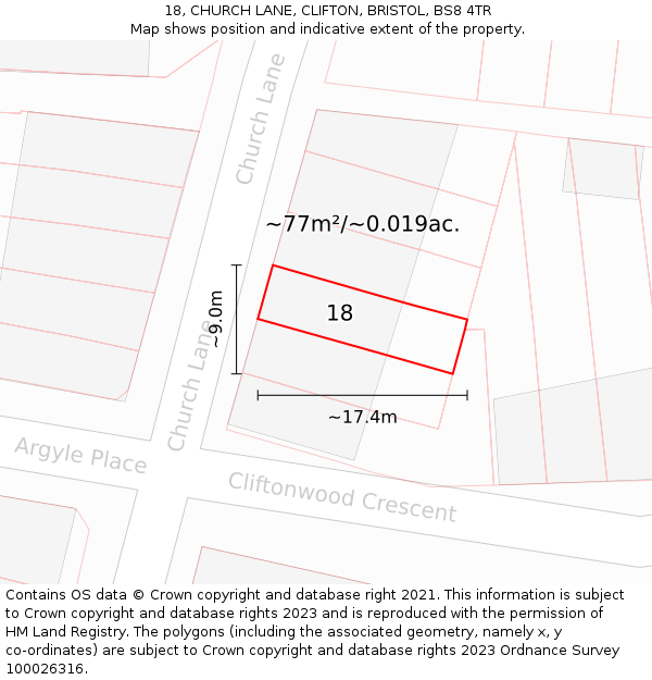 18, CHURCH LANE, CLIFTON, BRISTOL, BS8 4TR: Plot and title map