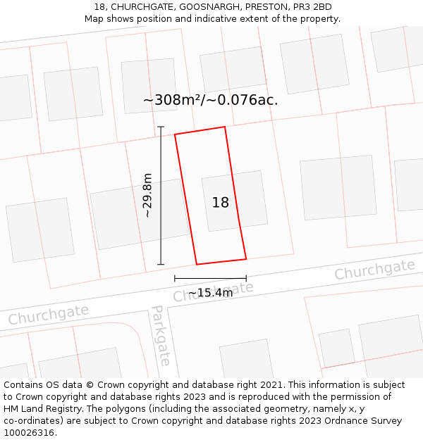 18, CHURCHGATE, GOOSNARGH, PRESTON, PR3 2BD: Plot and title map
