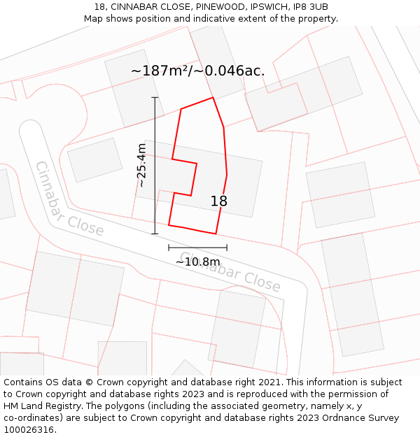 18, CINNABAR CLOSE, PINEWOOD, IPSWICH, IP8 3UB: Plot and title map
