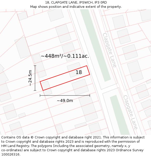 18, CLAPGATE LANE, IPSWICH, IP3 0RD: Plot and title map