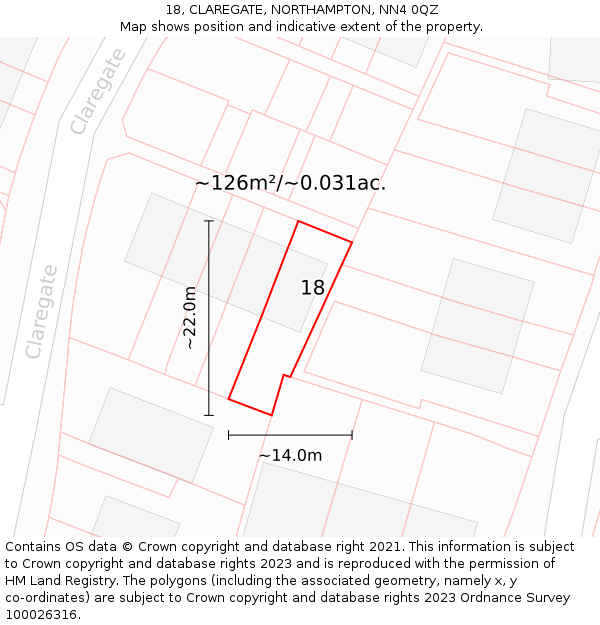 18, CLAREGATE, NORTHAMPTON, NN4 0QZ: Plot and title map