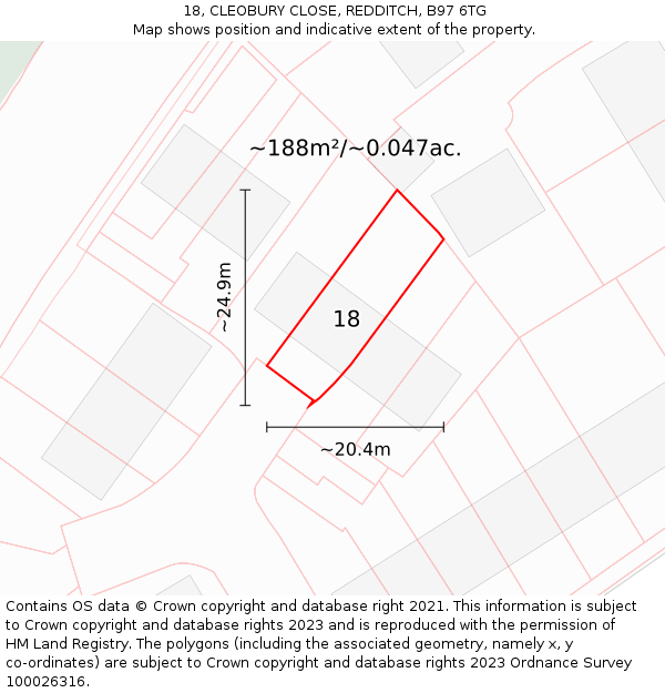 18, CLEOBURY CLOSE, REDDITCH, B97 6TG: Plot and title map